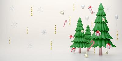 green Christmas tree with gift box and ornaments in white composition for modern stage display and minimalist mockup ,Concept Christmas and a festive New Year, 3d illustration or 3d render photo