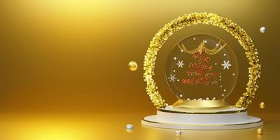 snow globe and Christmas tree with golden tinsel in Gold composition for modern stage display and minimalist mockup ,Concept Christmas and a festive New Year, 3d illustration or 3d render photo