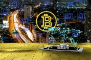 Digital money with bitcoin symbol and network connection concept,Elements of this image furnished by NASA photo
