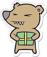 pegatina de una caricatura de oso enojado con regalo vector