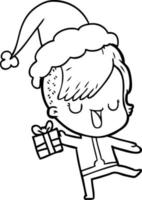 cute line drawing of a girl with hipster haircut wearing santa hat vector