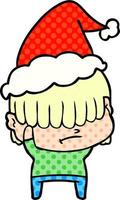 comic book style illustration of a boy with untidy hair wearing santa hat vector