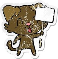 distressed sticker of a laughing cartoon dog with sign vector