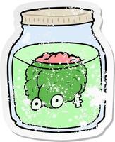 distressed sticker of a cartoon spooky brain in jar vector