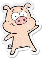 distressed sticker of a happy cartoon pig vector