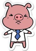 sticker of a cartoon angry pig in shirt and tie vector