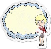 retro distressed sticker of a woman with text space cloud vector