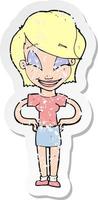 retro distressed sticker of a cartoon woman with hands on hips vector