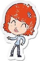 retro distressed sticker of a cartoon happy woman pointing vector