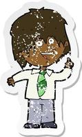 retro distressed sticker of a cartoon school boy with idea vector