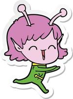 sticker of a cartoon alien girl laughing vector