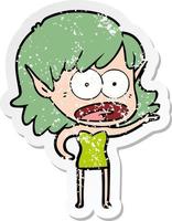 distressed sticker of a cartoon shocked elf girl vector