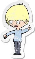 retro distressed sticker of a cartoon boy with question vector