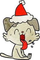 textured cartoon of a panting dog wearing santa hat vector