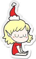 pegatina feliz caricatura de una niña elfa con sombrero de santa vector