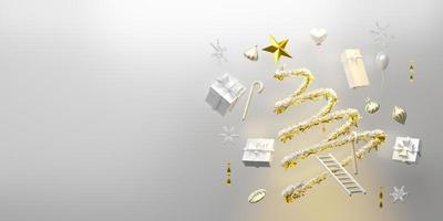 Christmas tree with gift box and ornaments in white composition for modern stage display and minimalist mockup ,Concept Christmas and a festive New Year, 3d illustration or 3d render photo