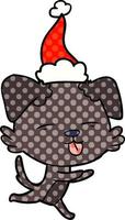 comic book style illustration of a dog sticking out tongue wearing santa hat vector