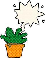 cartoon house plant and speech bubble in comic book style vector