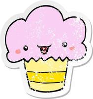 distressed sticker of a cartoon cupcake with face vector