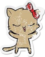 distressed sticker of a cartoon cat with bow on head vector