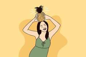 Illustrations of Beautiful Young woman holding pineapple on her head spending time in summer vector