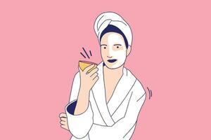 ilustraciones hermosa mujer joven en bata de baño aplicando una máscara facial natural media cara vector