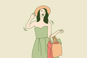 ilustraciones de una hermosa joven con sombrero sosteniendo una bolsa de compras con productos llenos de frutas y verduras vector