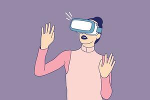 Illustrations of Beautiful Young women experiencing virtual reality headset vector