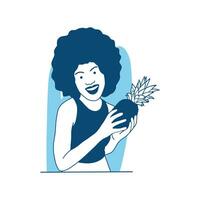 flat style vector illustration african girl curly hair holding pineapple