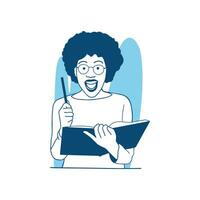 flat style vector illustration beautiful african girl curly hair reading book