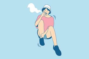 ilustraciones hermosa mujer joven con sombrero de cubo disfrutar de un cigarrillo en el parque vector