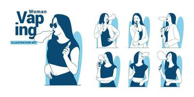 conjunto de ilustración de cigarrillo electrónico de vaping de mujer vector