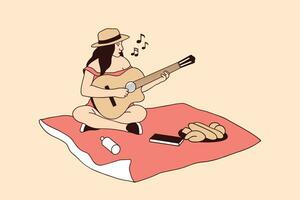 ilustraciones de una hermosa joven disfrutando de un picnic y tocando la guitarra en el parque vector