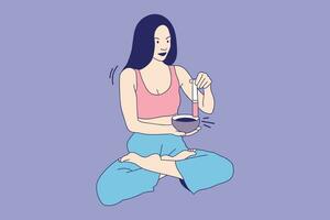 ilustraciones hermosa joven haciendo meditación y tocando un cuenco tibetano vector