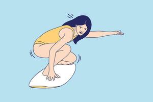 ilustraciones hermosa chica surfista disfruta de la ola en la playa en el día de verano vector