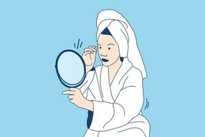 Illustrations Beautiful young woman in bathrobe look at mirror applying cream on face as daily routine vector