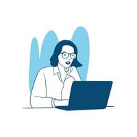mujer de ilustración vectorial, trabajando, trabajando desde casa, independiente, usando un estilo de vector plano portátil