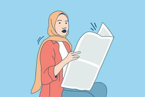 Illustrations of Beautiful business muslim woman reading a newspaper vector