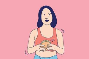 ilustraciones hermosa joven sosteniendo una hamburguesa con queso vector