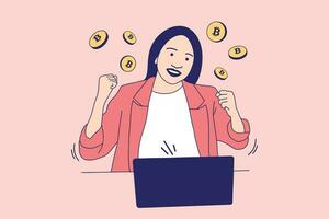 Illustrations of Beautiful woman happy earning bitcoin in trading cryptocurrency vector
