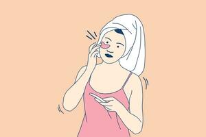 Illustrations of Beautiful young woman in bathrobe applying masks collagen patches under eyes vector