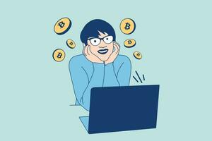 Illustrations of Beautiful woman using a laptop for bitcoin trading cryptocurrency vector