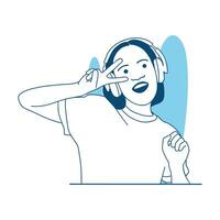ilustración vectorial de estilo plano hermosa niña feliz escucha música en los auriculares disfruta de la música vector