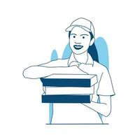 vector illustration beautiful Delivery girl holding in hands several pizza boxes