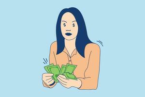 ilustraciones de una hermosa joven feliz sosteniendo mucho dinero en efectivo vector