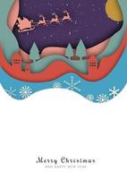 ilustración navideña con nieve, pueblo, árbol, luna, luna amarilla, grande hecha de vector con técnica de corte de papel.