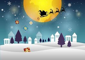 Christmas illustration with snow, village, trees and santa cruz riding deer, giving gifts through big yellow moon, made from vector. vector