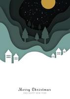 ilustración navideña con nieve, pueblo, árbol, luna, luna amarilla, grande hecha de vector con técnica de corte de papel.