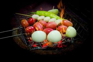 grilled vegetable and meat ball with charcoal stove photo