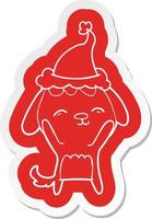 happy cartoon  sticker of a dog wearing santa hat vector